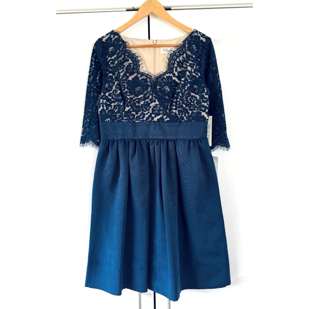 NWT Eliza J Lace Fit and Flare Dress Faille Cocktail 3/4 Sleeve v neck Size 10 P